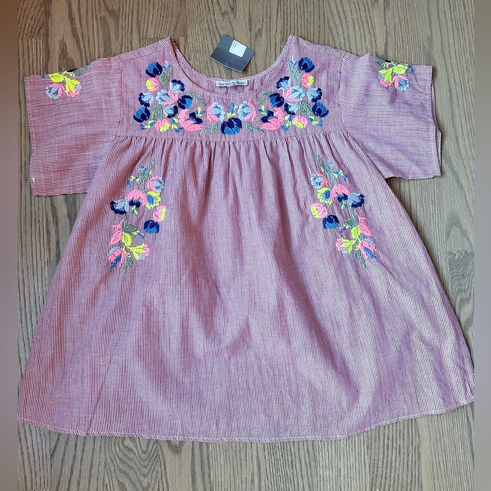 NWT See And Be Seen Floral Embroidered Striped Babydoll Top